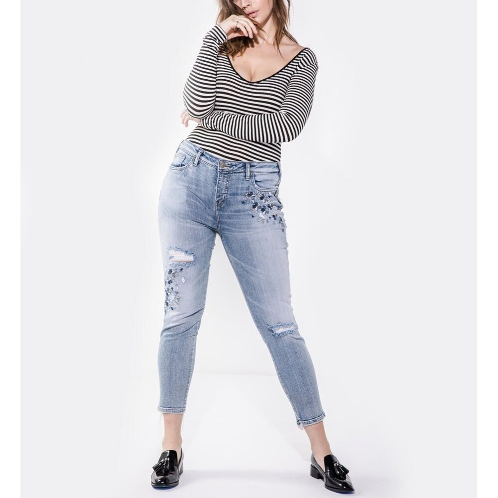 SILVER Izzy Ankle Skinny Embroidered Distressed Jeans Womens 18